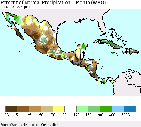Mexico Central America and the Caribbean Percent of Normal Precipitation 1-Month (WMO) Thematic Map For 1/1/2024 - 1/31/2024