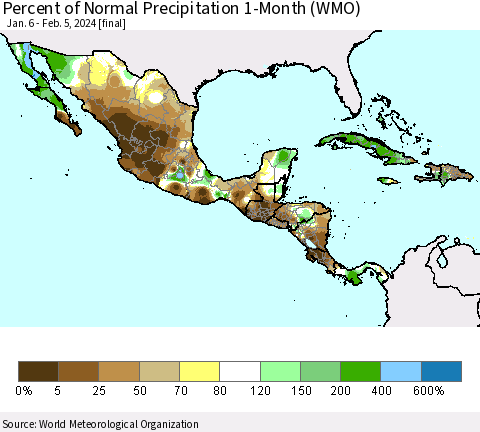 Mexico Central America and the Caribbean Percent of Normal Precipitation 1-Month (WMO) Thematic Map For 1/6/2024 - 2/5/2024