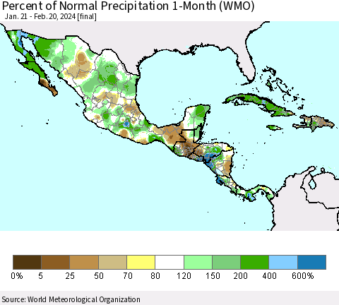 Mexico Central America and the Caribbean Percent of Normal Precipitation 1-Month (WMO) Thematic Map For 1/21/2024 - 2/20/2024