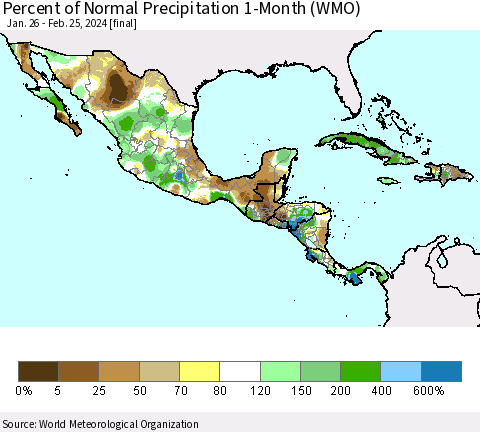 Mexico Central America and the Caribbean Percent of Normal Precipitation 1-Month (WMO) Thematic Map For 1/26/2024 - 2/25/2024