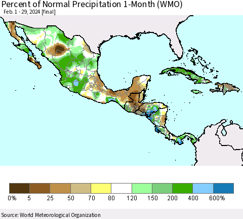 Mexico Central America and the Caribbean Percent of Normal Precipitation 1-Month (WMO) Thematic Map For 2/1/2024 - 2/29/2024