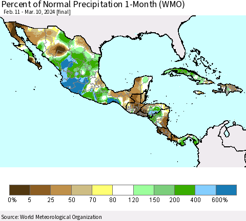Mexico Central America and the Caribbean Percent of Normal Precipitation 1-Month (WMO) Thematic Map For 2/11/2024 - 3/10/2024