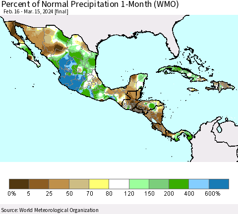Mexico Central America and the Caribbean Percent of Normal Precipitation 1-Month (WMO) Thematic Map For 2/16/2024 - 3/15/2024