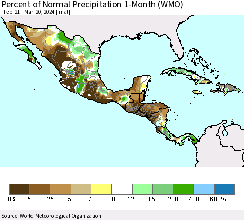 Mexico Central America and the Caribbean Percent of Normal Precipitation 1-Month (WMO) Thematic Map For 2/21/2024 - 3/20/2024