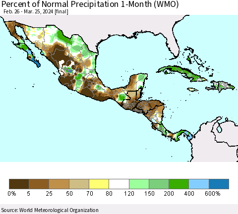 Mexico Central America and the Caribbean Percent of Normal Precipitation 1-Month (WMO) Thematic Map For 2/26/2024 - 3/25/2024