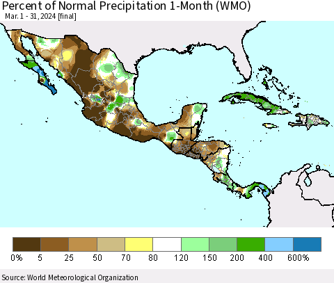 Mexico Central America and the Caribbean Percent of Normal Precipitation 1-Month (WMO) Thematic Map For 3/1/2024 - 3/31/2024