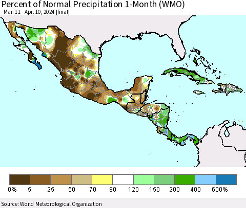 Mexico Central America and the Caribbean Percent of Normal Precipitation 1-Month (WMO) Thematic Map For 3/11/2024 - 4/10/2024