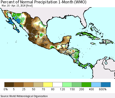 Mexico Central America and the Caribbean Percent of Normal Precipitation 1-Month (WMO) Thematic Map For 3/16/2024 - 4/15/2024