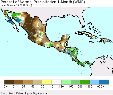 Mexico Central America and the Caribbean Percent of Normal Precipitation 1-Month (WMO) Thematic Map For 3/26/2024 - 4/25/2024