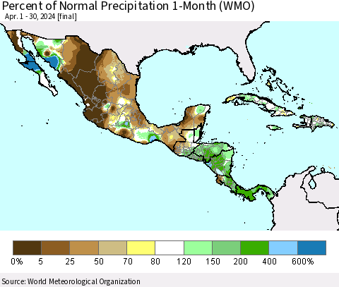 Mexico Central America and the Caribbean Percent of Normal Precipitation 1-Month (WMO) Thematic Map For 4/1/2024 - 4/30/2024