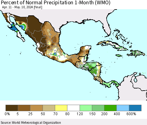 Mexico Central America and the Caribbean Percent of Normal Precipitation 1-Month (WMO) Thematic Map For 4/11/2024 - 5/10/2024