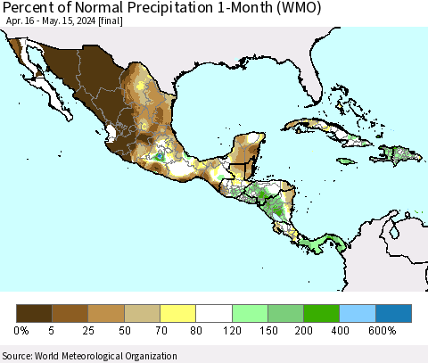 Mexico Central America and the Caribbean Percent of Normal Precipitation 1-Month (WMO) Thematic Map For 4/16/2024 - 5/15/2024