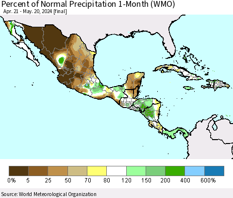 Mexico Central America and the Caribbean Percent of Normal Precipitation 1-Month (WMO) Thematic Map For 4/21/2024 - 5/20/2024