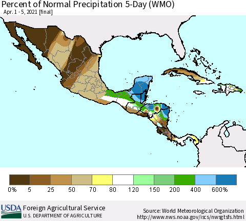 Mexico Central America and the Caribbean Percent of Normal Precipitation 5-Day (WMO) Thematic Map For 4/1/2021 - 4/5/2021