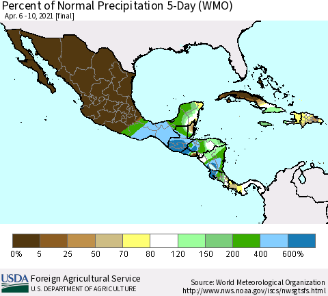 Mexico Central America and the Caribbean Percent of Normal Precipitation 5-Day (WMO) Thematic Map For 4/6/2021 - 4/10/2021