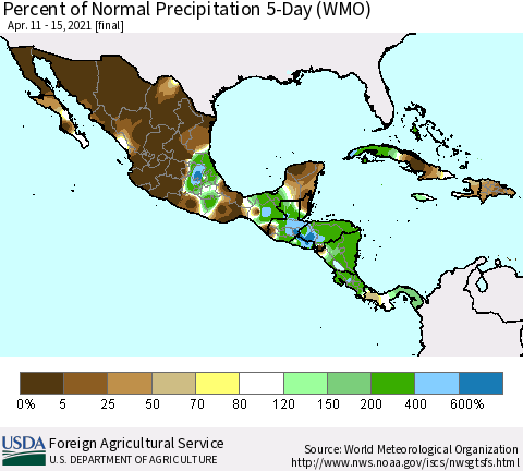 Mexico Central America and the Caribbean Percent of Normal Precipitation 5-Day (WMO) Thematic Map For 4/11/2021 - 4/15/2021