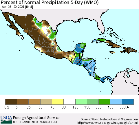 Mexico Central America and the Caribbean Percent of Normal Precipitation 5-Day (WMO) Thematic Map For 4/16/2021 - 4/20/2021