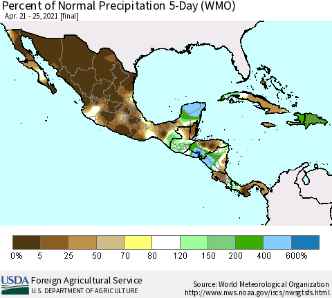 Mexico Central America and the Caribbean Percent of Normal Precipitation 5-Day (WMO) Thematic Map For 4/21/2021 - 4/25/2021