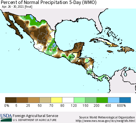 Mexico Central America and the Caribbean Percent of Normal Precipitation 5-Day (WMO) Thematic Map For 4/26/2021 - 4/30/2021
