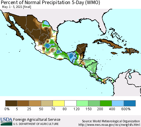 Mexico Central America and the Caribbean Percent of Normal Precipitation 5-Day (WMO) Thematic Map For 5/1/2021 - 5/5/2021