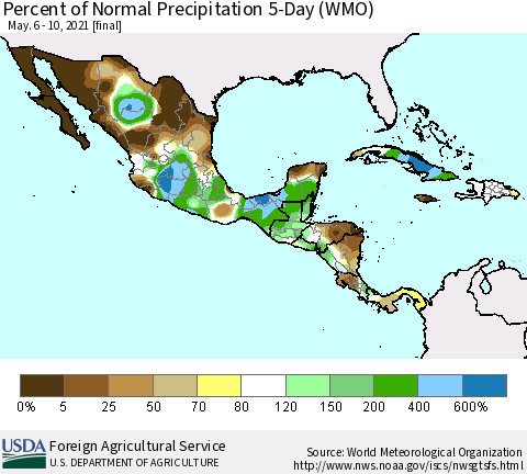 Mexico Central America and the Caribbean Percent of Normal Precipitation 5-Day (WMO) Thematic Map For 5/6/2021 - 5/10/2021