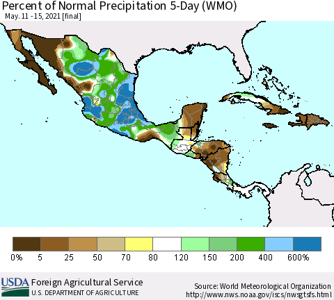Mexico Central America and the Caribbean Percent of Normal Precipitation 5-Day (WMO) Thematic Map For 5/11/2021 - 5/15/2021