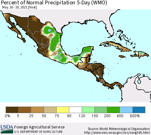 Mexico Central America and the Caribbean Percent of Normal Precipitation 5-Day (WMO) Thematic Map For 5/16/2021 - 5/20/2021