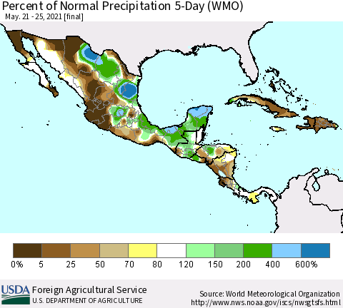 Mexico Central America and the Caribbean Percent of Normal Precipitation 5-Day (WMO) Thematic Map For 5/21/2021 - 5/25/2021