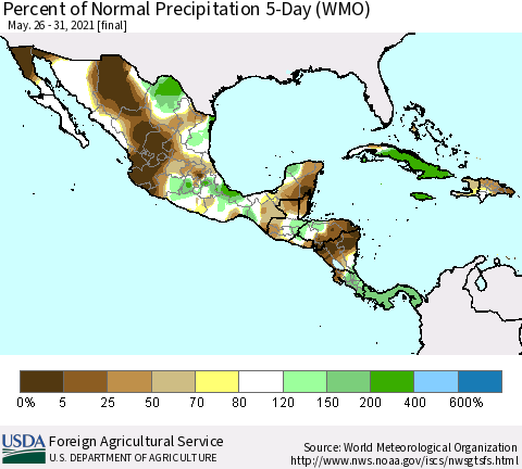 Mexico Central America and the Caribbean Percent of Normal Precipitation 5-Day (WMO) Thematic Map For 5/26/2021 - 5/31/2021