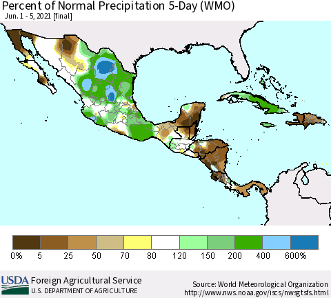 Mexico Central America and the Caribbean Percent of Normal Precipitation 5-Day (WMO) Thematic Map For 6/1/2021 - 6/5/2021
