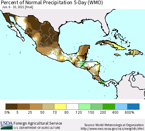 Mexico Central America and the Caribbean Percent of Normal Precipitation 5-Day (WMO) Thematic Map For 6/6/2021 - 6/10/2021