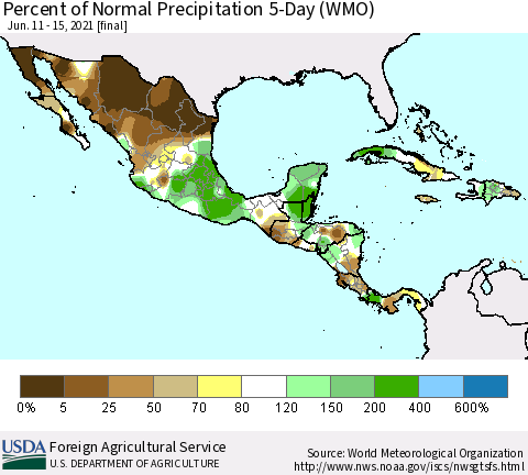 Mexico Central America and the Caribbean Percent of Normal Precipitation 5-Day (WMO) Thematic Map For 6/11/2021 - 6/15/2021