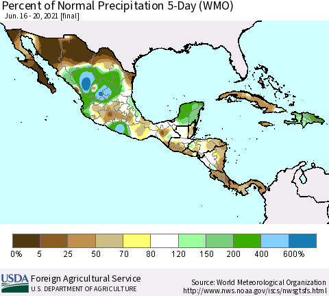 Mexico Central America and the Caribbean Percent of Normal Precipitation 5-Day (WMO) Thematic Map For 6/16/2021 - 6/20/2021