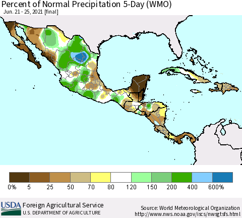 Mexico Central America and the Caribbean Percent of Normal Precipitation 5-Day (WMO) Thematic Map For 6/21/2021 - 6/25/2021