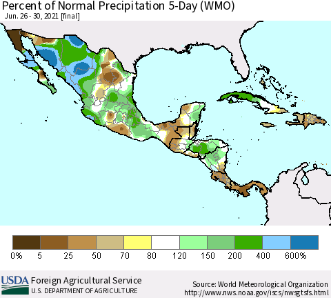 Mexico Central America and the Caribbean Percent of Normal Precipitation 5-Day (WMO) Thematic Map For 6/26/2021 - 6/30/2021