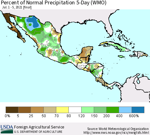 Mexico Central America and the Caribbean Percent of Normal Precipitation 5-Day (WMO) Thematic Map For 7/1/2021 - 7/5/2021