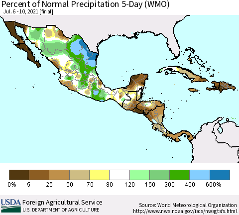 Mexico Central America and the Caribbean Percent of Normal Precipitation 5-Day (WMO) Thematic Map For 7/6/2021 - 7/10/2021