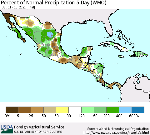 Mexico Central America and the Caribbean Percent of Normal Precipitation 5-Day (WMO) Thematic Map For 7/11/2021 - 7/15/2021