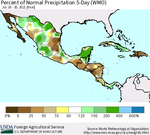 Mexico Central America and the Caribbean Percent of Normal Precipitation 5-Day (WMO) Thematic Map For 7/16/2021 - 7/20/2021