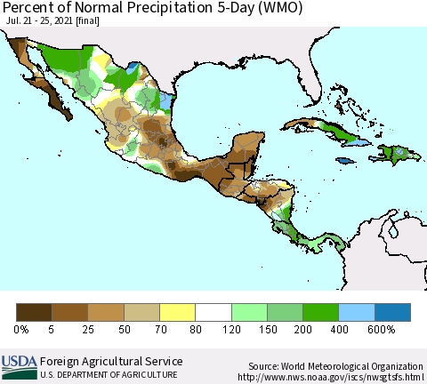 Mexico Central America and the Caribbean Percent of Normal Precipitation 5-Day (WMO) Thematic Map For 7/21/2021 - 7/25/2021