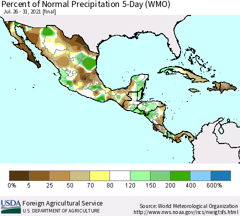 Mexico Central America and the Caribbean Percent of Normal Precipitation 5-Day (WMO) Thematic Map For 7/26/2021 - 7/31/2021
