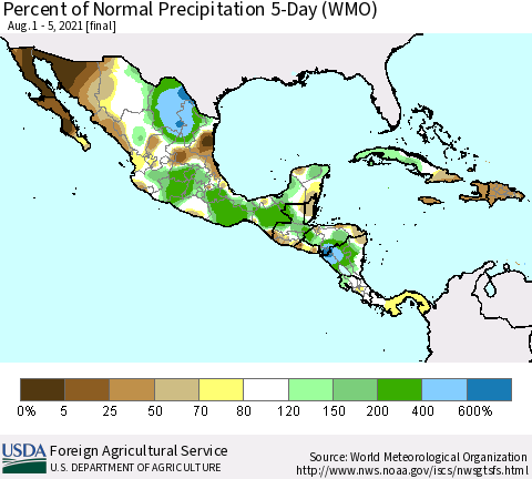 Mexico Central America and the Caribbean Percent of Normal Precipitation 5-Day (WMO) Thematic Map For 8/1/2021 - 8/5/2021