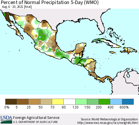 Mexico Central America and the Caribbean Percent of Normal Precipitation 5-Day (WMO) Thematic Map For 8/6/2021 - 8/10/2021