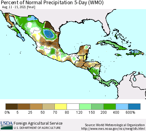 Mexico Central America and the Caribbean Percent of Normal Precipitation 5-Day (WMO) Thematic Map For 8/11/2021 - 8/15/2021