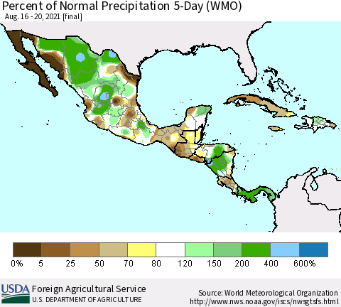 Mexico Central America and the Caribbean Percent of Normal Precipitation 5-Day (WMO) Thematic Map For 8/16/2021 - 8/20/2021