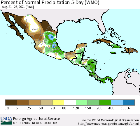 Mexico Central America and the Caribbean Percent of Normal Precipitation 5-Day (WMO) Thematic Map For 8/21/2021 - 8/25/2021