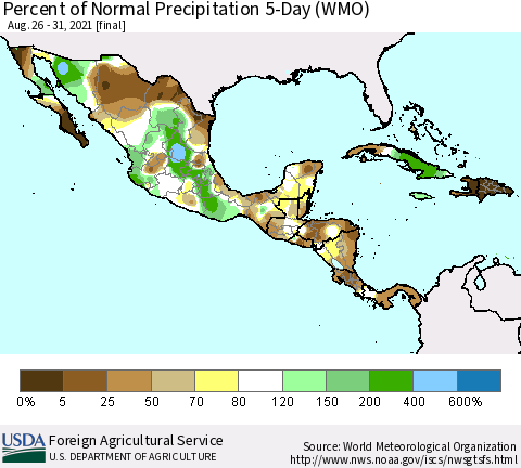 Mexico Central America and the Caribbean Percent of Normal Precipitation 5-Day (WMO) Thematic Map For 8/26/2021 - 8/31/2021