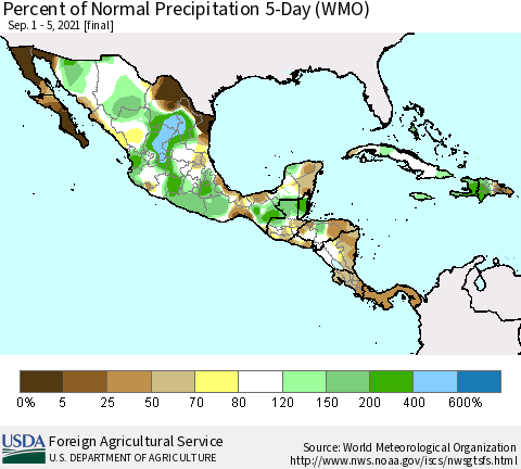 Mexico Central America and the Caribbean Percent of Normal Precipitation 5-Day (WMO) Thematic Map For 9/1/2021 - 9/5/2021