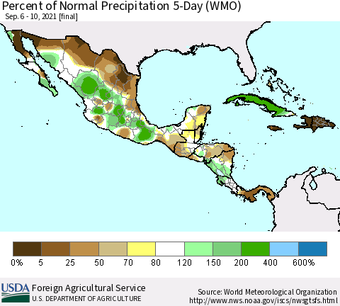 Mexico Central America and the Caribbean Percent of Normal Precipitation 5-Day (WMO) Thematic Map For 9/6/2021 - 9/10/2021