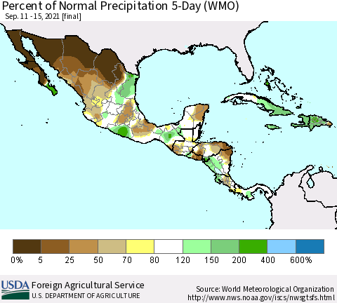 Mexico Central America and the Caribbean Percent of Normal Precipitation 5-Day (WMO) Thematic Map For 9/11/2021 - 9/15/2021